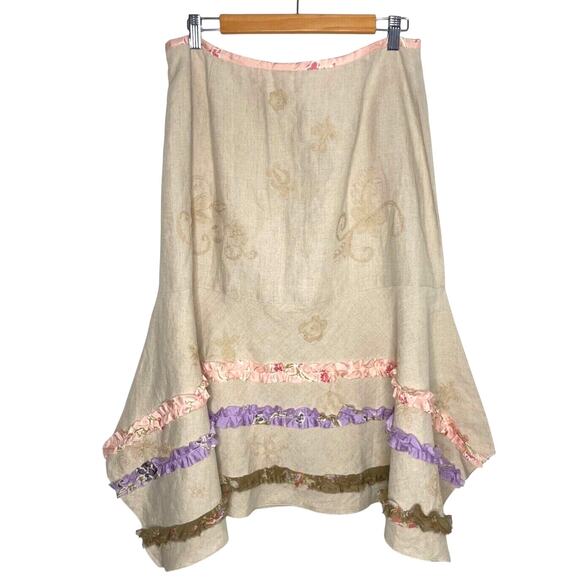 Fairy Cottagecore Linen Ruffle Skirt Beige Pastel Pink Purple Boho Festival 14 - Picture 1 of 10